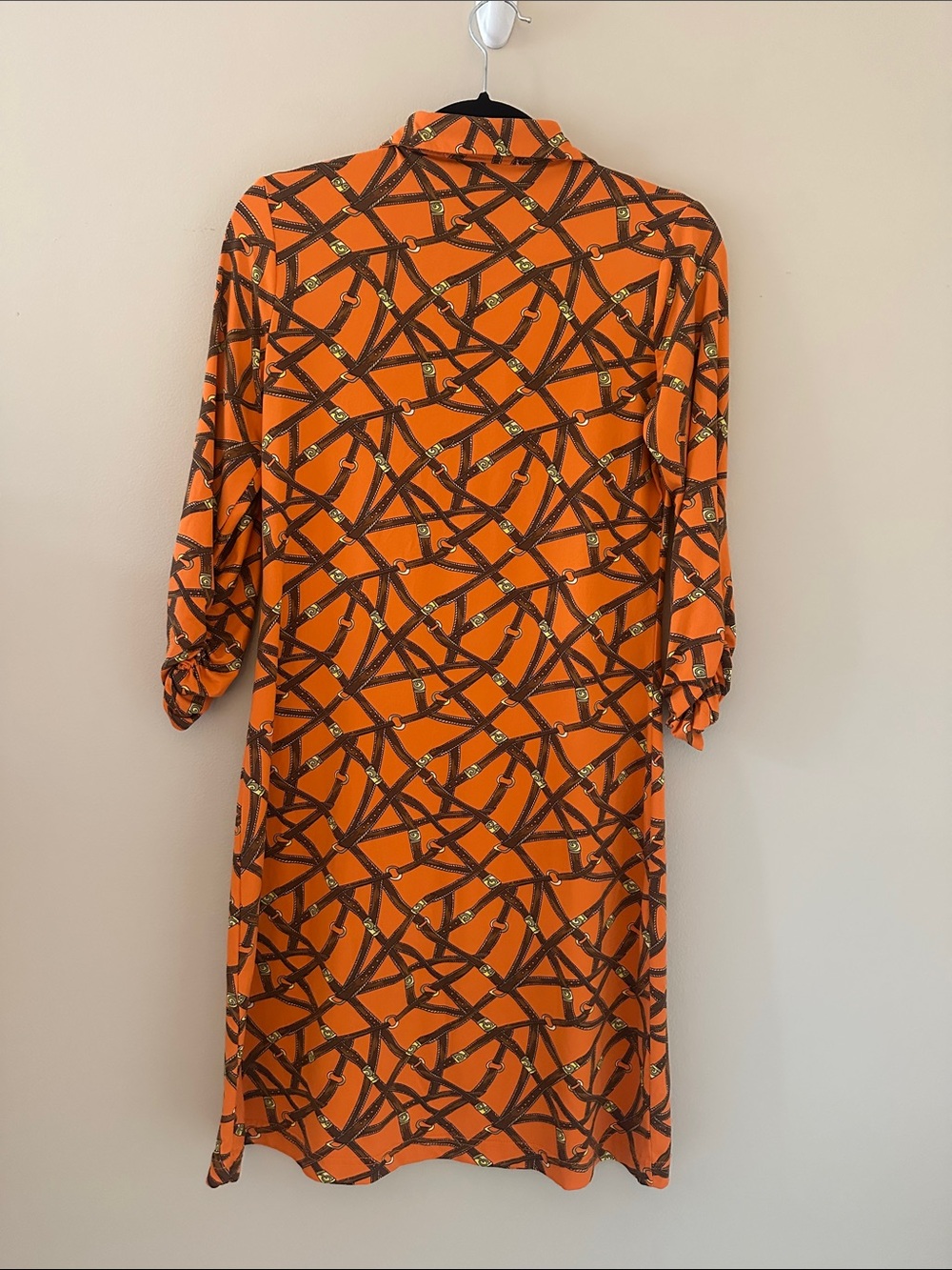 Barbara Gerwit Orange Equestrian Belt Printed V-Neck Dress Sz Small Fall Chic - Picture 2 of 5
